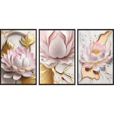 Quadro decorativo lótus rosa fundo mármore gold 3 peças Decoração Elegante Exclusivo Lançamento