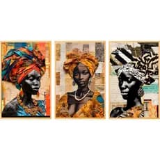 kit quadros decorativos mulheres africanas pintura abstratos coloridos 3 peças sala quarto cozinha