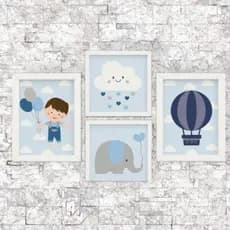 Placa Decorativa Quadro Kit 4 Peças Quarto Bebe Menino Balão Nuvem 20x30 Sem Moldura