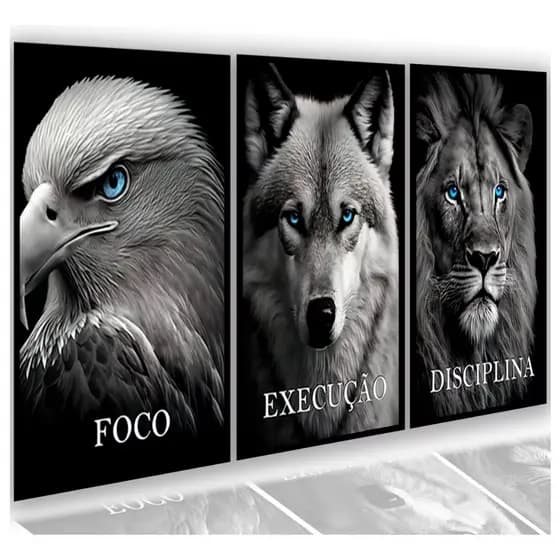 Quadros Decorativos Leão Águia Disciplina Motivação 3 Peças