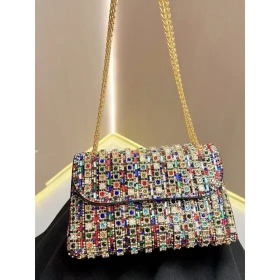 Bolsa festa feminina de ombro e mão com pedra brilhante