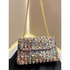 Bolsa festa feminina de ombro e mão com pedra brilhante