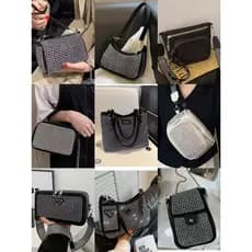 Bolsa transversal feminina, alça de ombro com corrente, strass prateados brilhantes