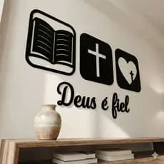 Trio de Quadros Decorativos MDF + Frase Deus é Fiel Preto Fosco