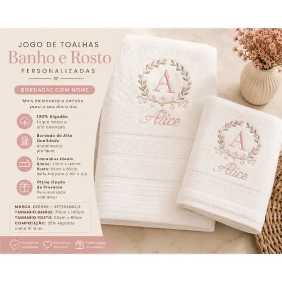 Jogo de Toalhas Banho e Rosto Dohler Artesanalle Personalizado Bordado com Nome