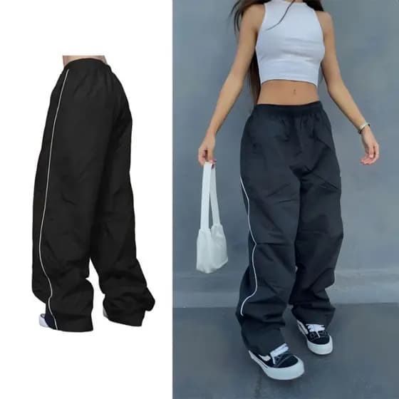 calça feminina larga folgada tactel preta skate streetwear reforçada