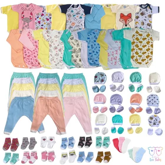 Kit enxoval 27 peças body mijão touca e meias de bebê menino e menina unissex Algodão