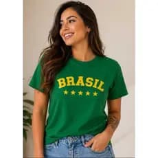 Camiseta Feminina Do Brasil Copa Do Mundo Casual T-shirt Verde, Azul e Amarela 100% Algodão 30.1