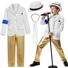 Conjunto De Fantasia De Cosplay De Michael Jackson Com Terno Listrado Camisa Branca E Calças Douradas Para Performance D