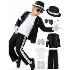Menino Michael Jackson Billie Jean Cosplay Terno Preto Dança Discoteca Halloween Fantasia Vestir-Se 80s Pop King Traje