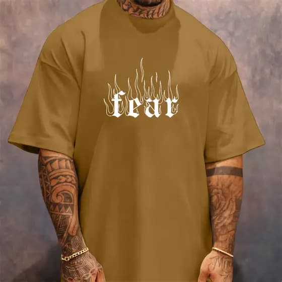 Camiseta Camisa Fear Fogo Tumblr Gangster Estilo de Rua Oversized Streetwear Masculina Gola Alta