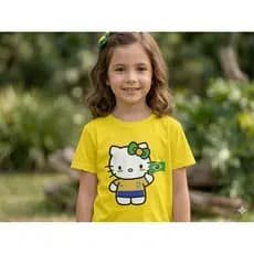 Camiseta Infantil Hello Kitty Brasil Copa Gata Fofa Kawaii Menina Algodão Moda Conforto Envio Rápido