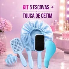 Kit 5 Escovas Cabelo Escova Polvo Mágica Raquete Vazada Touca Cetim