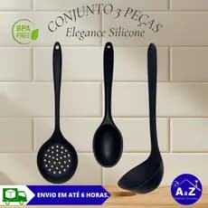 KIT UTENSILIOS DE COZINHA SILICONE 3 PEÇAS COLHER ESCUMADEIRA CONCHA RESISTENTE