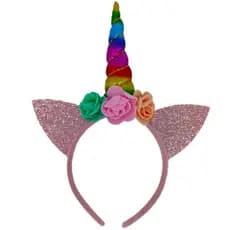 TIARA UNICÓRNIO GLITTER ROSA COM CHIFRE COLORIDO KIT