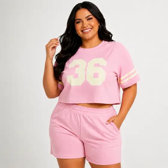 Conjunto Feminino Plus Size Cropped Manga e Short Moletinho Casual Verão Confortável