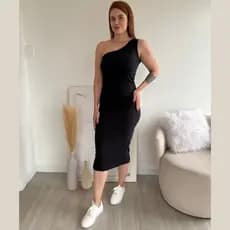 Vestido Midi Tubinho Justo Feminino Canelado Um Ombro Só Elegante Moderno Confortável Chiqu Mula
