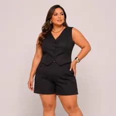 Conjunto Plus Size Feminino Alfaiataria Premium Colete Decote V e Short Cintura Alta Elegante