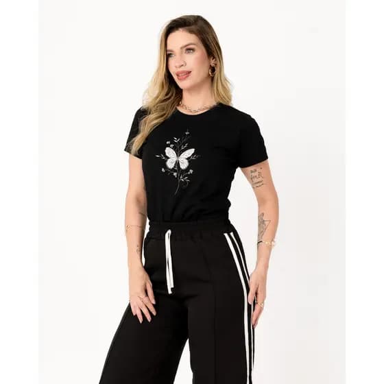 CAMISETA FEMININA BORBOLETA FOLHAS APLICAÇÃO PEROLAS PREMIUM