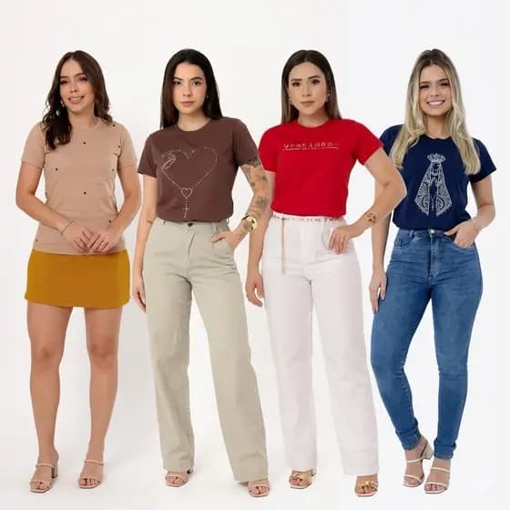 KIT 4 CAMISETAS FEMININAS DE ALGODÃO ESTAMPAS CASUAL E CATÓLICAS GRATIDÃO