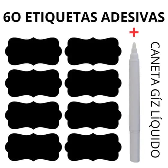 60 Etiquetas Adesivas Lousa 4x2cm + Caneta Giz Líquido de BRIND Pote Porta Tempero Envio em até 24h