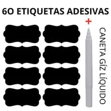 60 Etiquetas Adesivas Lousa 4x2cm + Caneta Giz Líquido de BRIND Pote Porta Tempero Envio em até 24h
