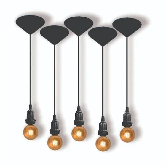 Kit 5 Fio Pendente Lustre Luminária de Teto Soquete Coluna E27 Cabo PP Preto 1mt 110/220V