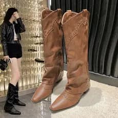 Botas retrô marrom com boca em V Martin, botas elegantes de Cowboy ocidentais, rebites, calças Chelsea, botas curtas de