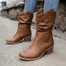 Botas plissadas pé-escalada pequena de salto alto mid-top ocidental Cowboy botas femininas botas de cano médio botas fem