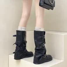 Calças de couro lavado de sola grossa Martin botas femininas 2025 novo estilo fivela de cinto botas de pilha de comprime
