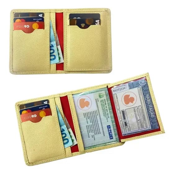 Carteira Feminina Couro Legítmo Macio Resistente Original com Porta Cartão Porta Rg e Cnh Dinheiro Amarelo