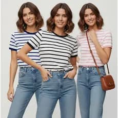 Kit 3 Blusas Femininas Listras Tendência Casual T-Shirt Confortável Várias Cores