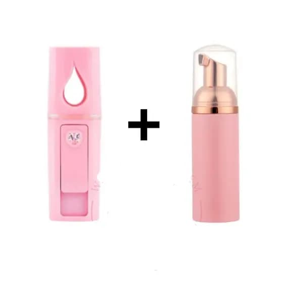 Frasco Pump Espumador 50ml Rosa + Nano Mister Vaporizador Alongamento Extensão De Cílios
