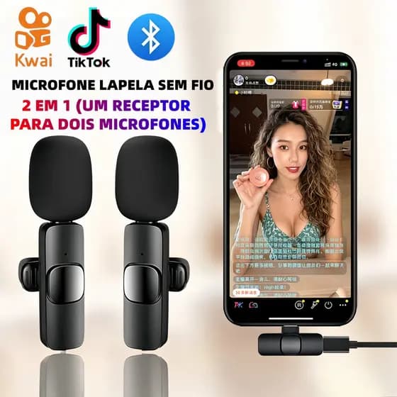 Microfone Lapela Sem Fio K9, Ideal para Vlogs, Compatível com Type-C e iPhone, Bateria de Longa Duração