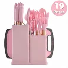 Kit com 19 utensílios de silicone multifuncionais para cozinha com cabo de madeira