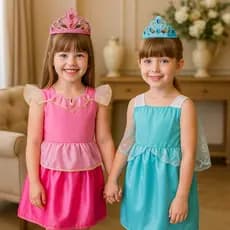 Fantasia Infantil de Menina Princesa Brilhante Rosa/Azul Tamanho Criança P/M/G/GG