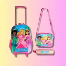 Mochila Escolar de Rodinhas Princesa - 3 Peças