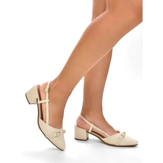 Sapato Feminino Bico Fino SlingBack Social Tira com Fivela Verniz  Salto baixo Bloco Confortável