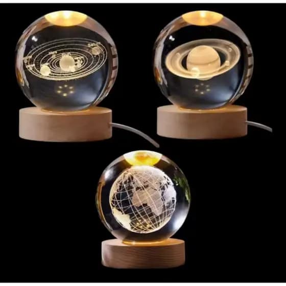 Globo de Cristal Sistema Solar 3D com Base LED – Decoração Luxo | Astronomia