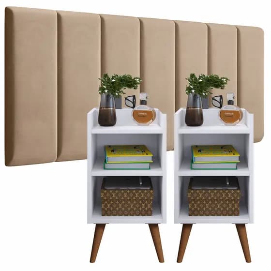 Conjunto Quarto: 2 Mesas de Cabeceira Com Prateleira E Cabeceira modulo Adesivo para cama