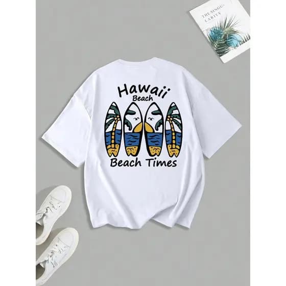 Camiseta Masculina Havaiana Branca Estampa Praia Surf Prancha Palmeira Verão Casual Leve Confortável