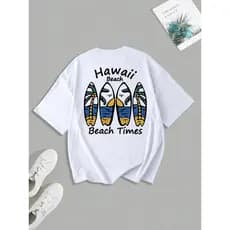 Camiseta Masculina Havaiana Branca Estampa Praia Surf Prancha Palmeira Verão Casual Leve Confortável