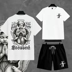Kit Camiseta Masculina Algodão 30.1  e Short Tactel com Elastano Conjunto Streetwear anjo
