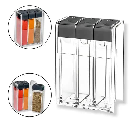Jogo Porta Temperos com 3 Potes Acrílico Tampa Dosadora Suporte Ideal para Cozinha Completa