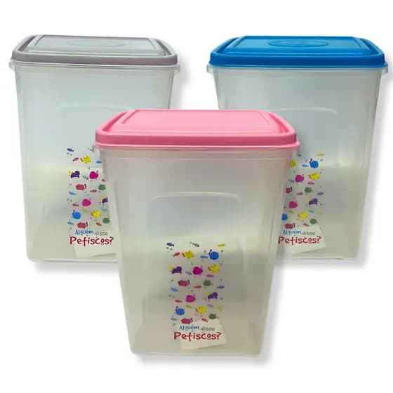 Porta Ração Gato Hermético 1,75L Pote Armazenar Alimento Pet Tampa Cinza Rosa Azul