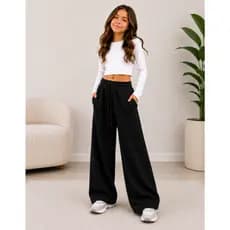 Calça Moletom Infantil Feminina Flanelada Com Bolso Wide Leg Moda Inverno Casual Peluciada