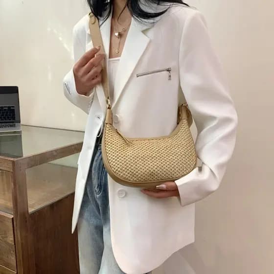 Bolsa de ombro feminina de palha para praia fofa bolsa crescente mini bolsa clutch bolsa de férias nas axilas bolsa de