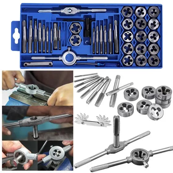 Kit Jogo 40 Pçs Tarraxas Macho e Matrizes Para Abrir Rosca M3-M12 Métrico Resistente com Caixa Organizadora