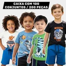 Caixa com 100 CONJUNTOS (200 PEÇAS) Infantil Menino Camiseta e Bermuda Tamanhos 1 ao 12 ATACADO lojista