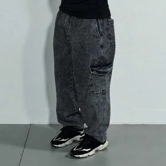Calça Cargo Jeans Preto Estonado Streetwear Unissex